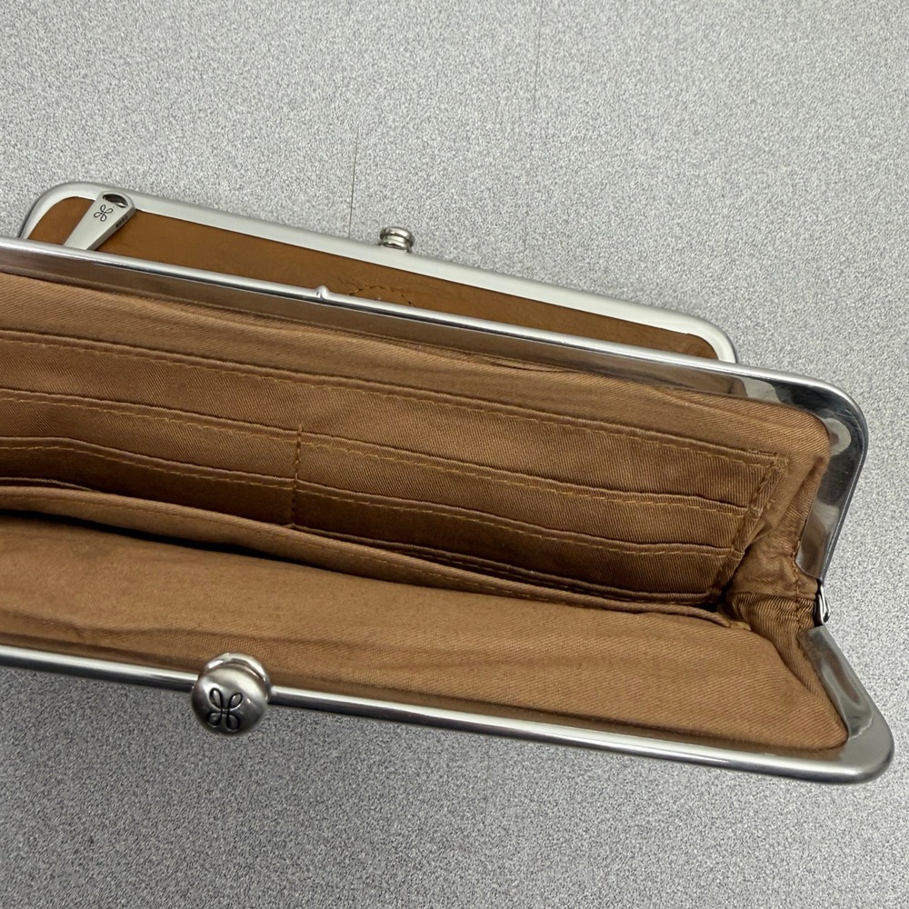 Hobo Lauren Wallet Womens OS Tan Brown Leather Double Frame Silver Clutch Cards - Picture 8 of 9